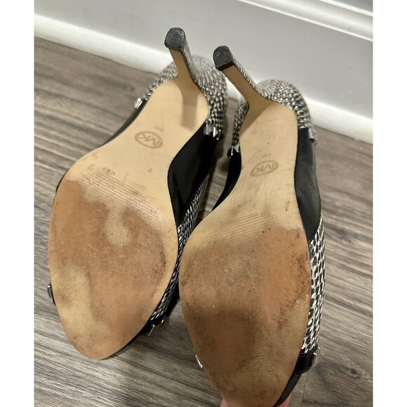 Michael Kors ELLA PEEP‎ Toe Black White Silver Studded Leather Heel Shoe Sz 9 - Picture 7 of 8
